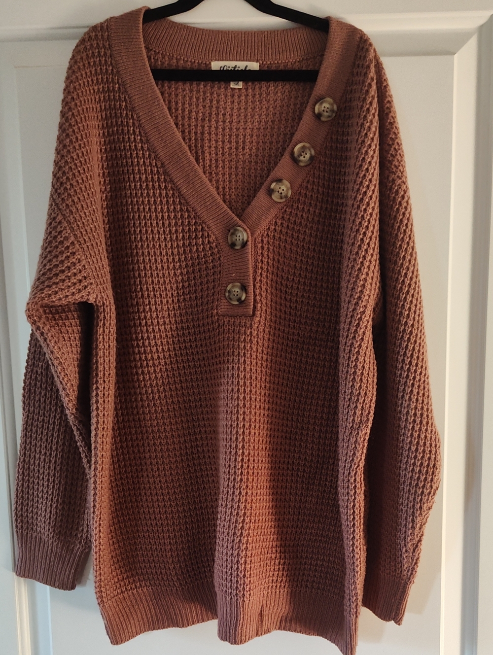 Listicle Rust-Tone Waffle Knit V-Neck Sweater with Button Detail